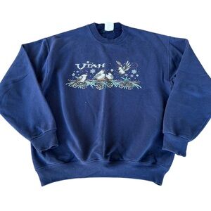 90s Vintage UT Utah Winter Snow Forest Bird Christmas Blue Sweatshirt Crewneck